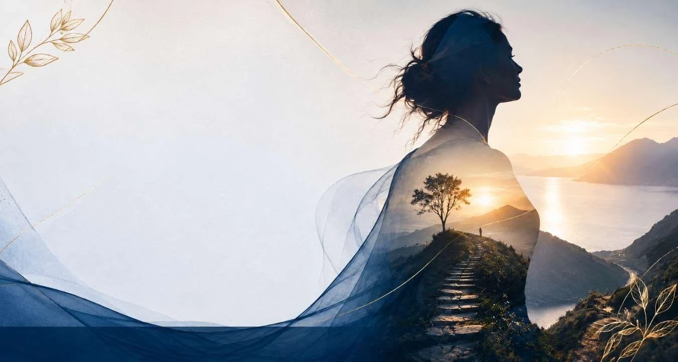 Silhouette de femme en double exposition : un chemin gravit la colline vers un lever de soleil — image d'illustration